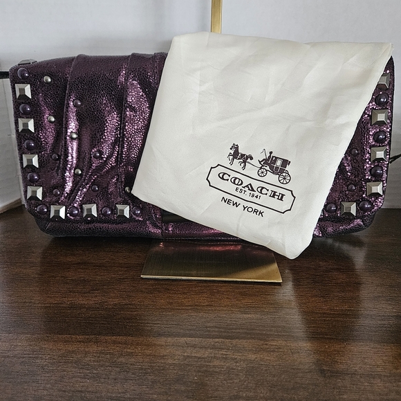 COACH Kristin Limited Edition Studded Metallic Leather Clutch - Boysenberry - Picture 12 of 12